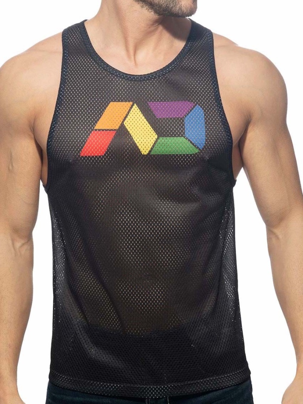 Addicted Rainbow Logo Mesh Tank Top Large Gently worn Poly blend pinpoint mesh